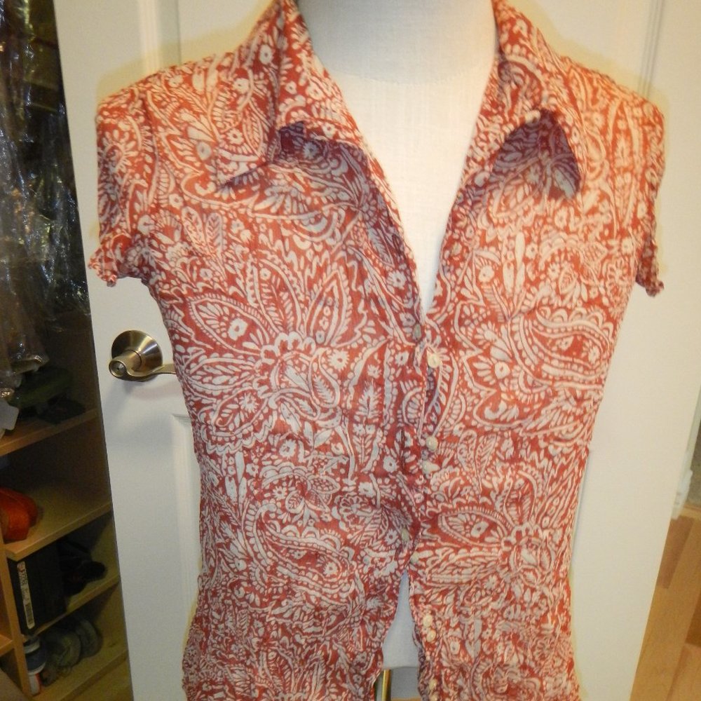 Cap Sleeve, Sheer, paisley patterned, button down blouse